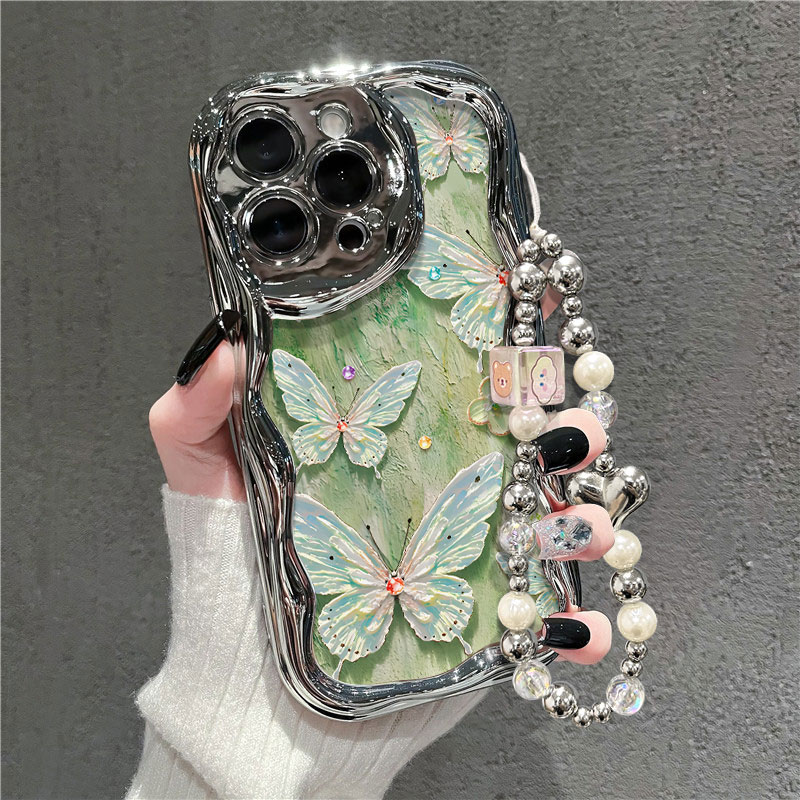 电镀银油画风绿色蝴蝶适用苹果