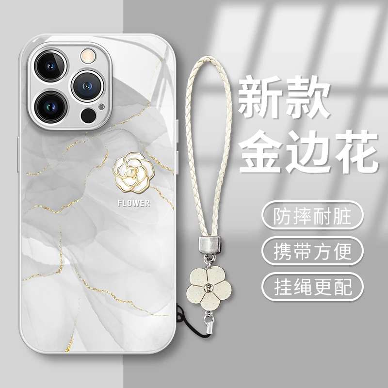 金边花钢化玻璃适用苹果16PROMAX手机壳iphone15/14PRO新款华为mate60pro荣耀300女Pura70小米15Reno13/S20