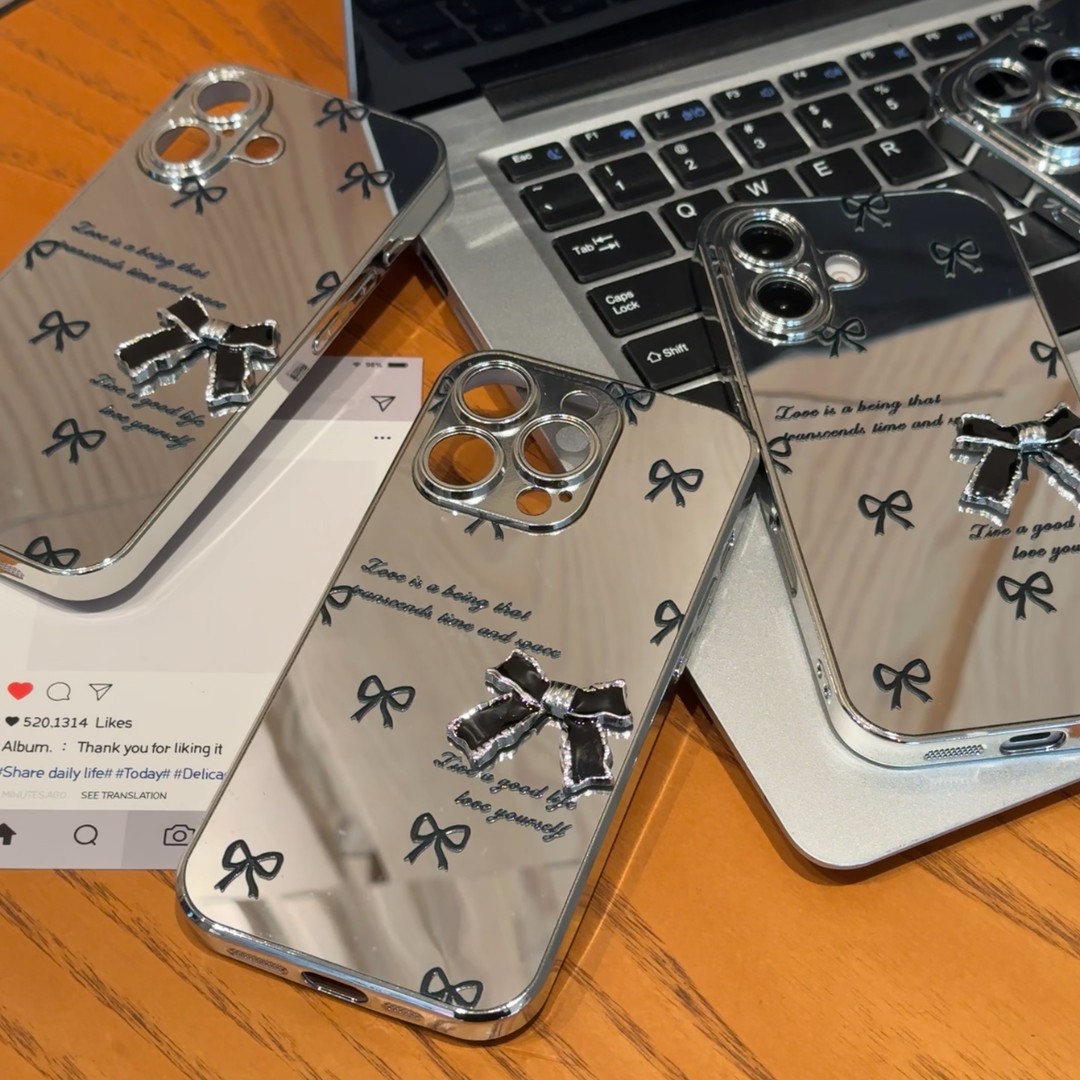 电镀玻璃黑色蝴蝶结适用苹果16PROMAX手机壳iphone15/14Pro新款华为mate60pro女Pura70荣耀300Reno13/S20小米