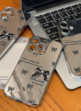 电镀玻璃黑色蝴蝶结适用苹果16PROMAX手机壳iphone15/14Pro新款华为mate60pro女Pura70荣耀300Reno13/S20小米