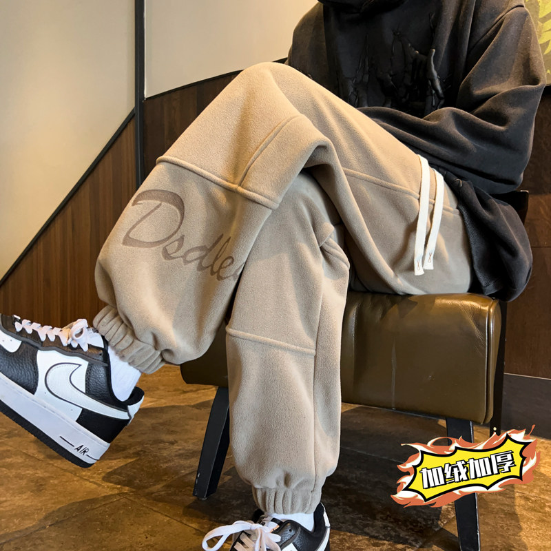 加绒加厚休闲裤男秋冬季新款美式字母休闲运动裤ins宽松潮流长裤