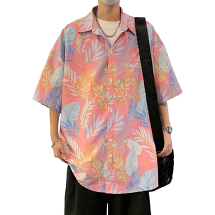 冰丝短袖花衬衫男夏季2026新款薄款外套痞帅男生透气速干沙滩衬衣