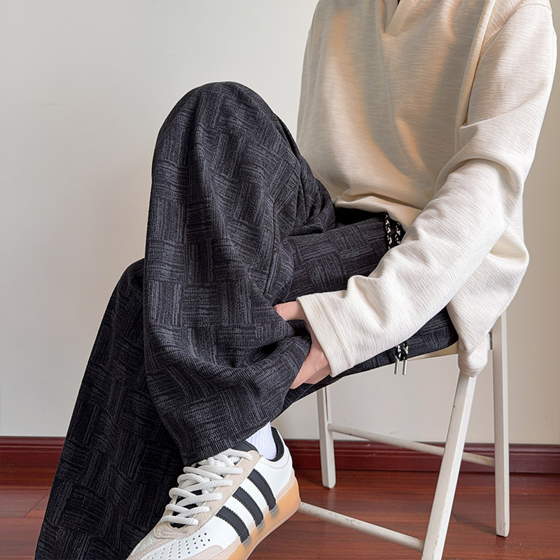 复古暗纹格裤子男春秋季新款宽松垂感直筒裤大码美式休闲裤拖地裤