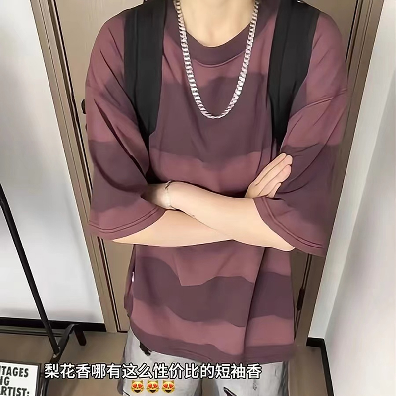 短袖T恤男夏季2025新款条纹休闲纯棉体恤衫港风宽松运动男装半袖