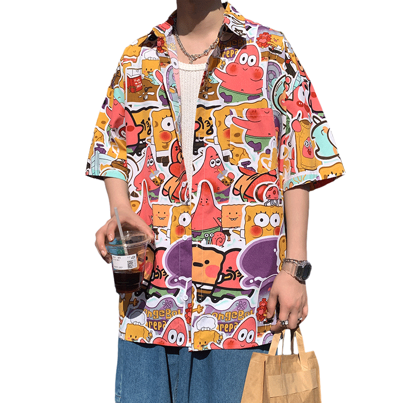 冰絲花襯衫男短袖夏季薄款卡通睡衣寬松夏威夷襯衣外套休閑上衣潮