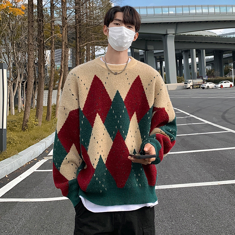 套头毛衣男秋冬季2025新款美式复古菱形格撞色上衣大码宽松针织衫