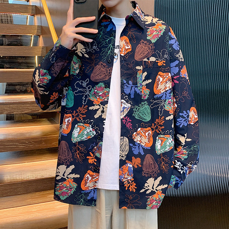 港风vintage花衬衫男春秋季新款复古宽松长袖衬衣服潮牌休闲外套