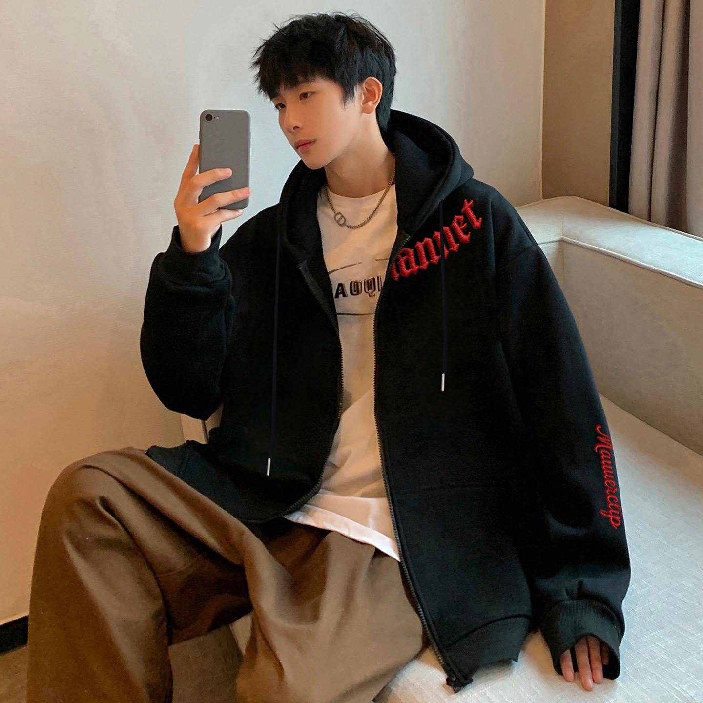 开衫卫衣男春秋季2026新款大码宽松连帽外套美式高街休闲潮牌上衣