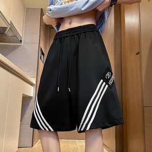 休闲短裤男夏季新款宽松斜杠美式阔腿裤oversize港风运动五分裤子