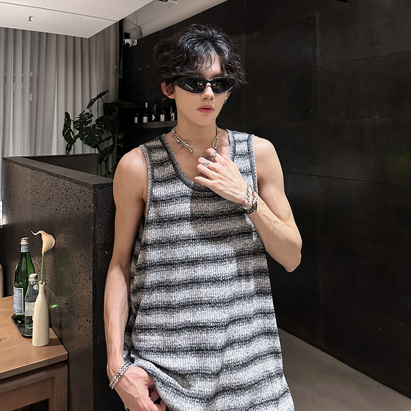 休闲背心男夏季2025新款复古条纹宽松上衣大码潮牌运动ins美式T恤