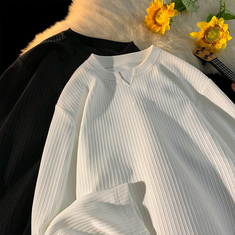 港风宽松小V领长袖T恤男春季新款男装休闲体恤ins大码潮牌上衣服