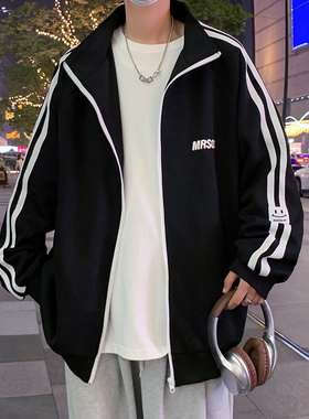 港风复古国潮卫衣男春秋季新款条纹休闲拉链开衫宽松运动夹克外套