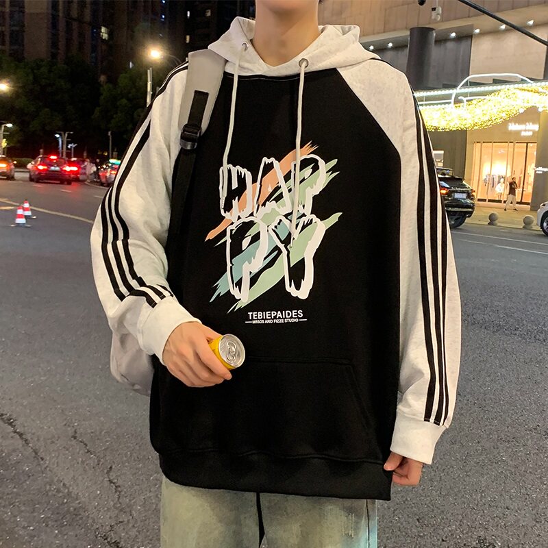 卫衣男春秋季新款拼接休闲连帽上衣ins美式字母港风潮牌男装帽衫