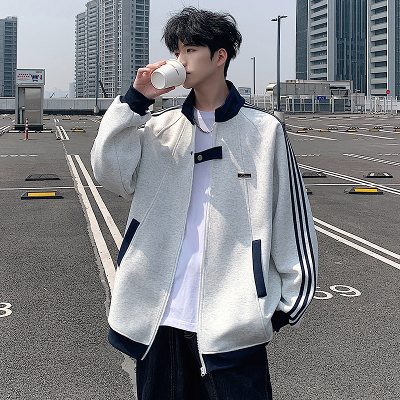 立领开衫卫衣男秋冬季2025新款拼接休闲上衣港风大码潮牌美式外套