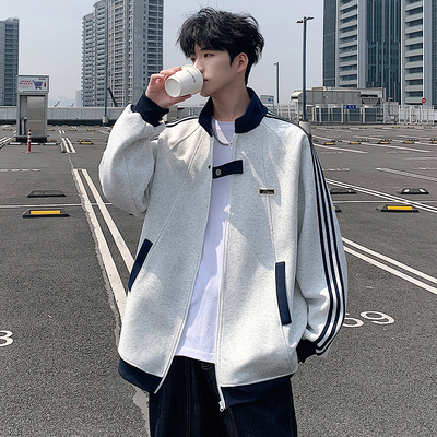 立领开衫卫衣男秋冬季2025新款拼接休闲上衣港风大码潮牌美式外套