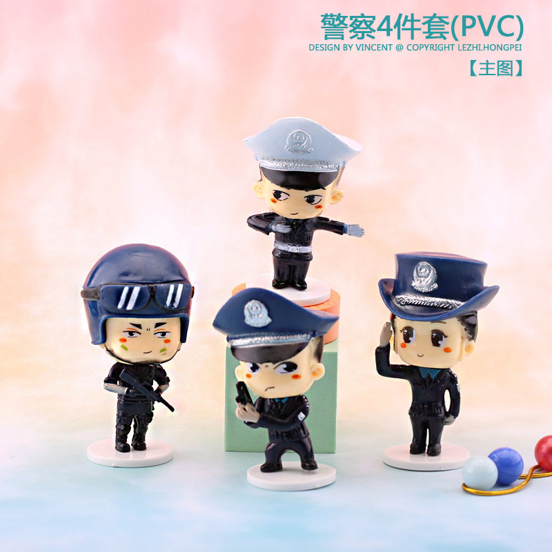 盲盒手办汽车摆件警察4件套实心模型女警交通警察蛋糕烘焙装饰摆