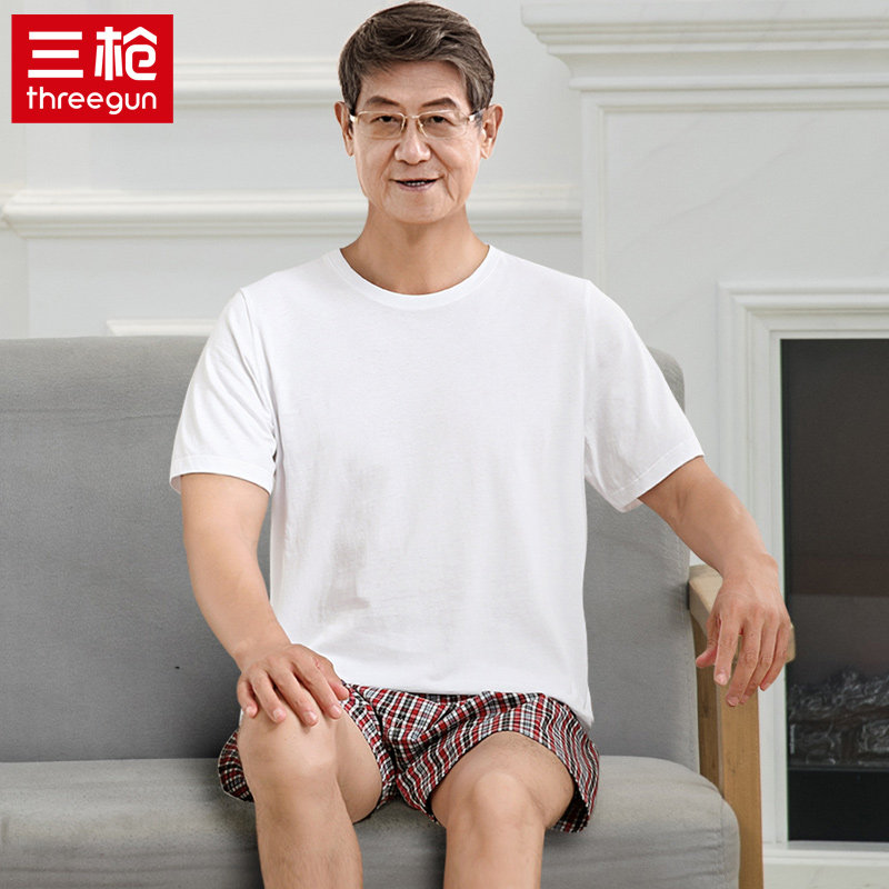 三枪夏季白色纯棉中老年老头衫短袖宽松爸爸汗衫男士t恤老人上衣