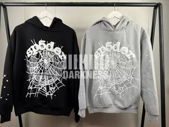 In-Stock Sp5Der Spider Web Og Web Foam Logo Black and Gray Trendy Hoodie Sweatshirt