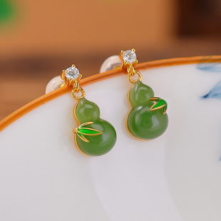 S925纯银镀金和田玉碧玉复古国潮珐琅福禄葫芦竹叶耳钉