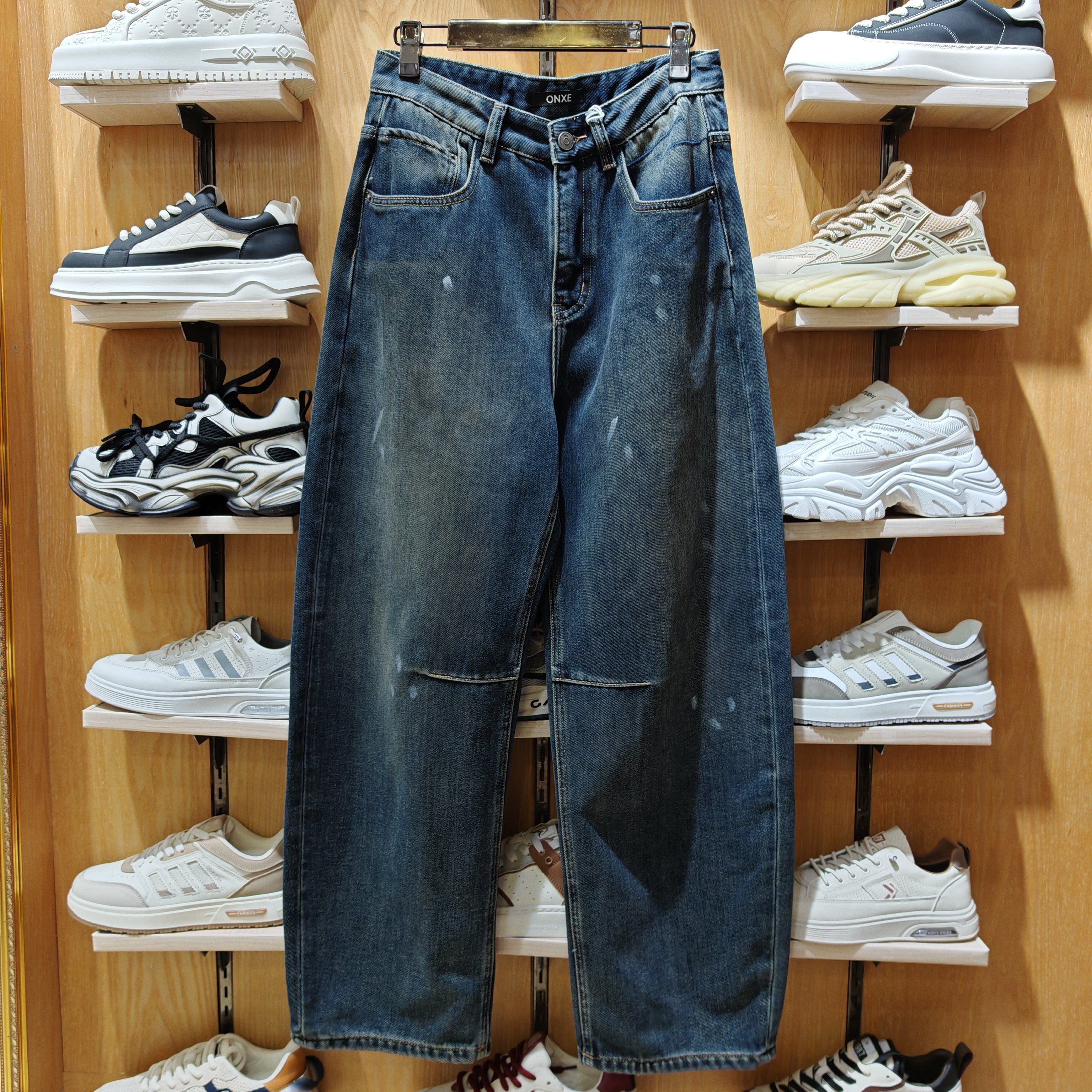 男宽松阔腿大弯刀牛仔裤美式高街潮牌油漆做旧工业风轻奢皮带腰,男装,牛仔裤,淘宝优惠券,粉丝福利购,淘宝优惠卷