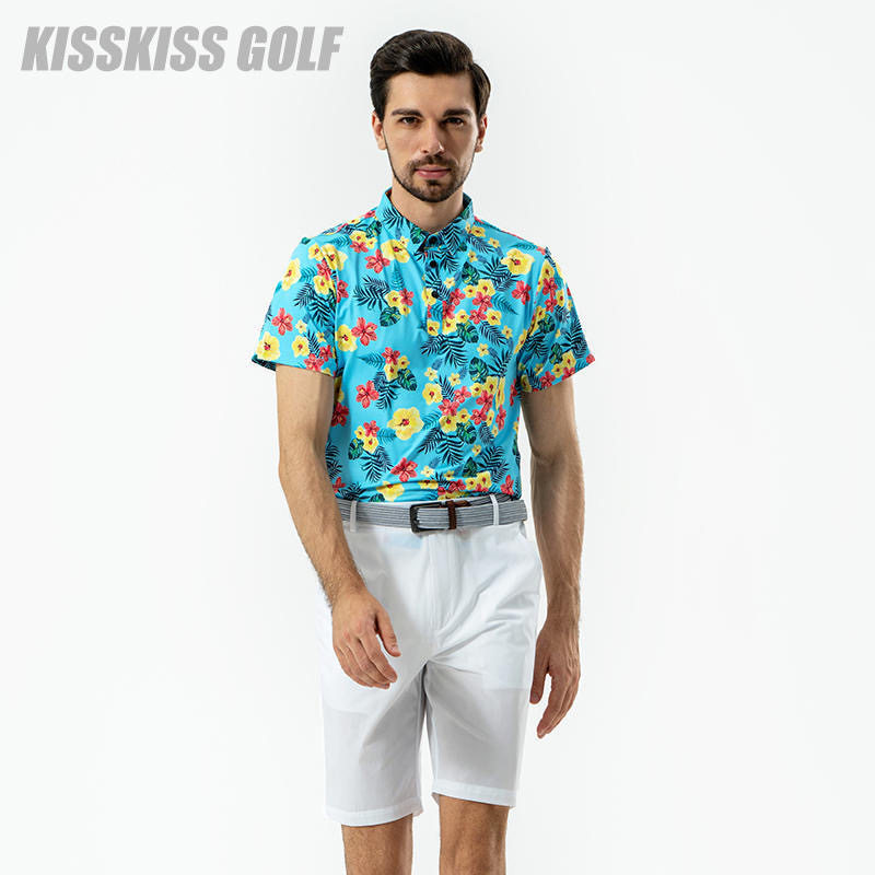 KISSKISSGOLF高尔夫男装热带风印花短袖T恤运动休闲时尚个性翻领T