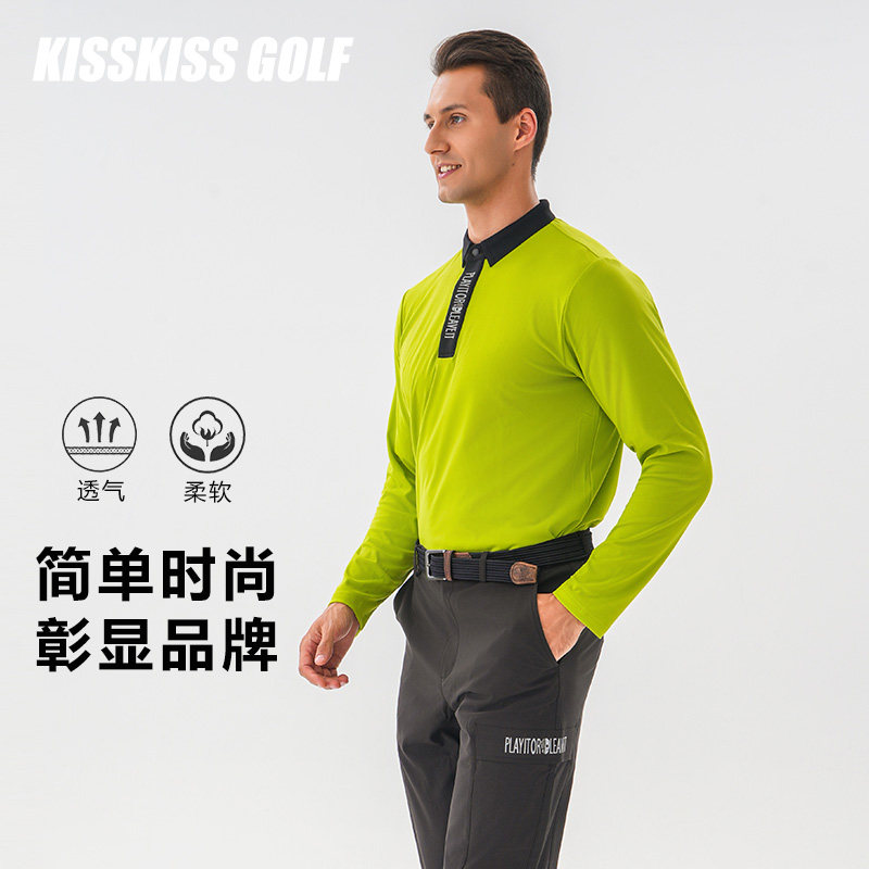 KISSKISSGOLF男士高尔夫竖条长袖T恤运动休闲透气速干上衣春秋季