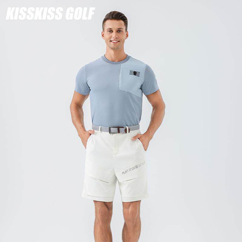 KISSKISSGOLF男士高尔夫服装速干透气运动休闲拼色小高领短袖T恤