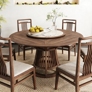 新中式北美黑胡桃木实木圆形餐桌椅组合带岩板转盘宋式美学饭桌