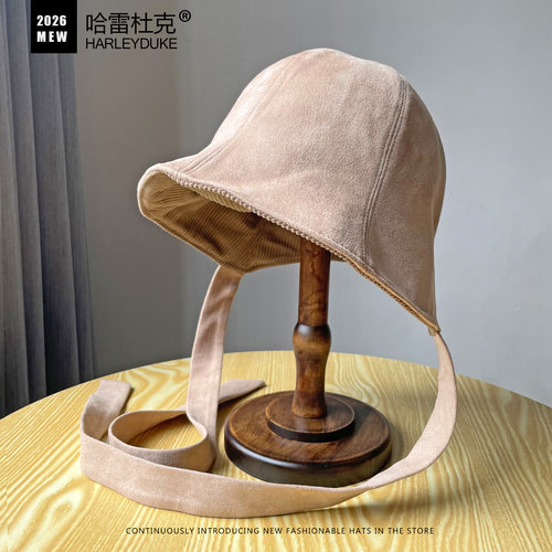 秋冬双面绑带灯芯绒渔夫帽显脸小