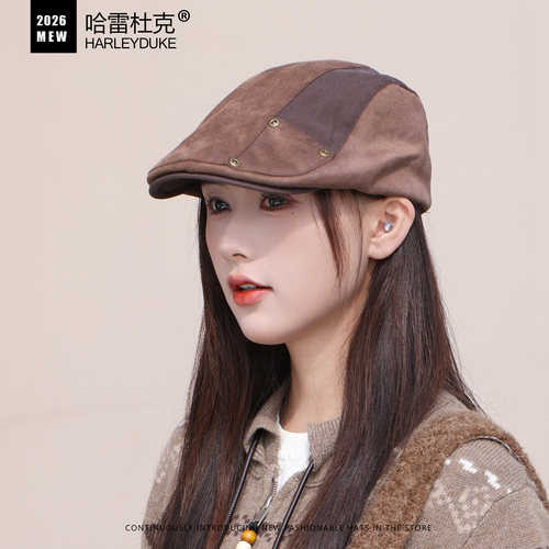 复古潮酷仿麂皮绒反戴贝雷帽女