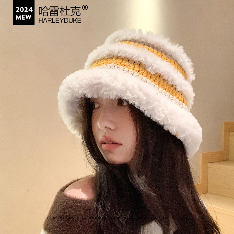 手工毛绒毛线双色钩织盆帽秋冬季女生户外可爱甜美保暖渔夫绒线帽