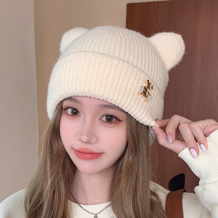 秋冬加绒小熊帽子女士可爱甜美立体耳朵毛线帽学生街头护耳毛绒帽