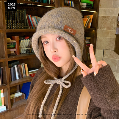 卷边显脸小系绳护耳帽女秋冬保暖