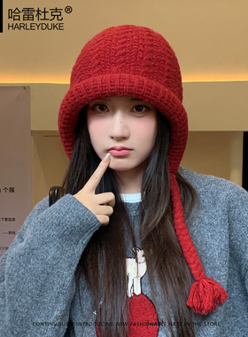 秋冬季保暖护耳针织毛线帽麻花辫绑带卷边俏皮女红色巴拉克拉法帽