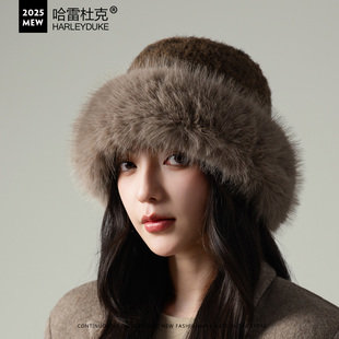 宽边毛绒拼接东北盆帽加绒加厚护耳保暖防风蒙古帽子女冬天显脸小