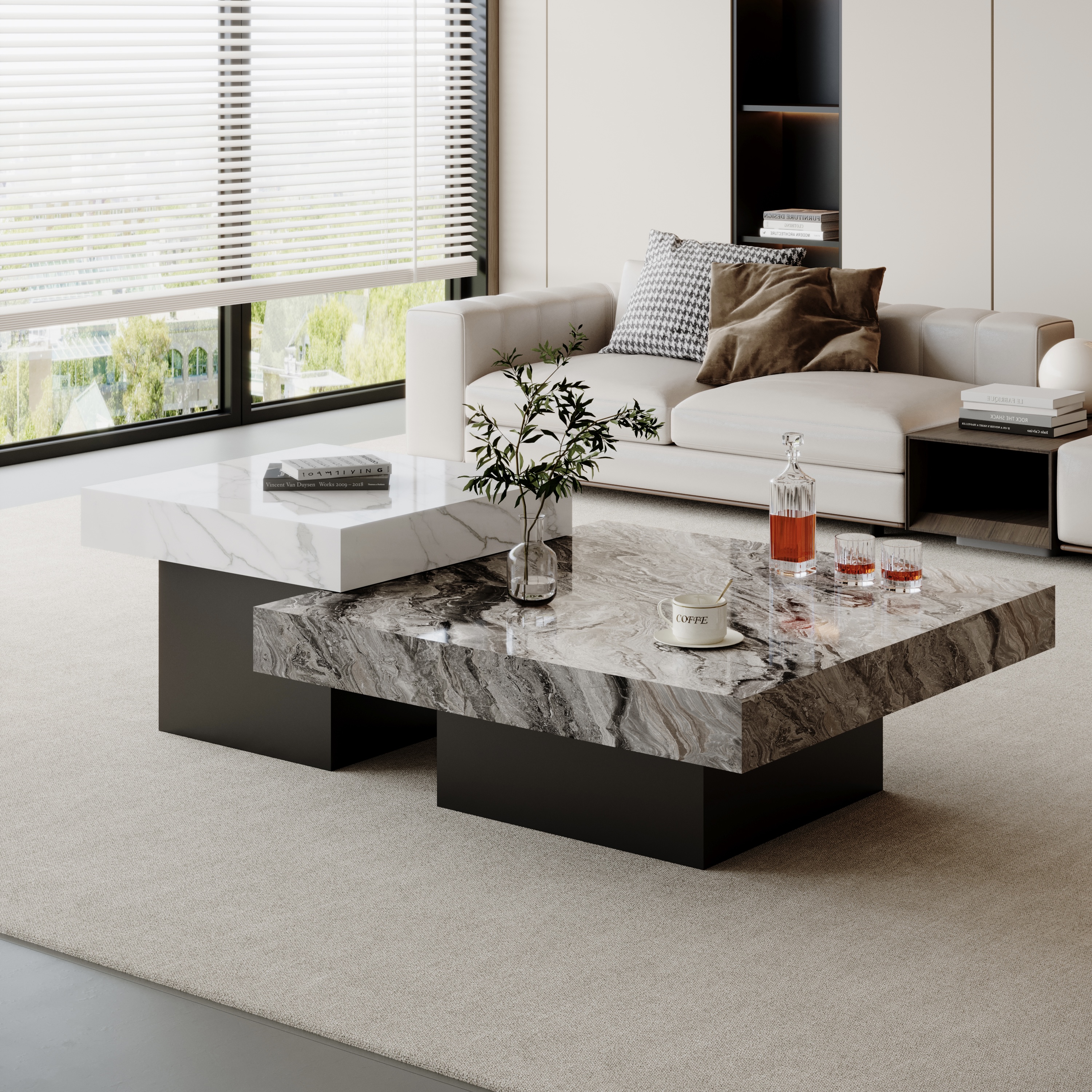 意式极简岩板茶几轻奢高级感客厅家用小户型高低方形茶几2025新款