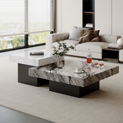 意式极简岩板茶几轻奢高级感客厅家用小户型高低方形茶几2025新款