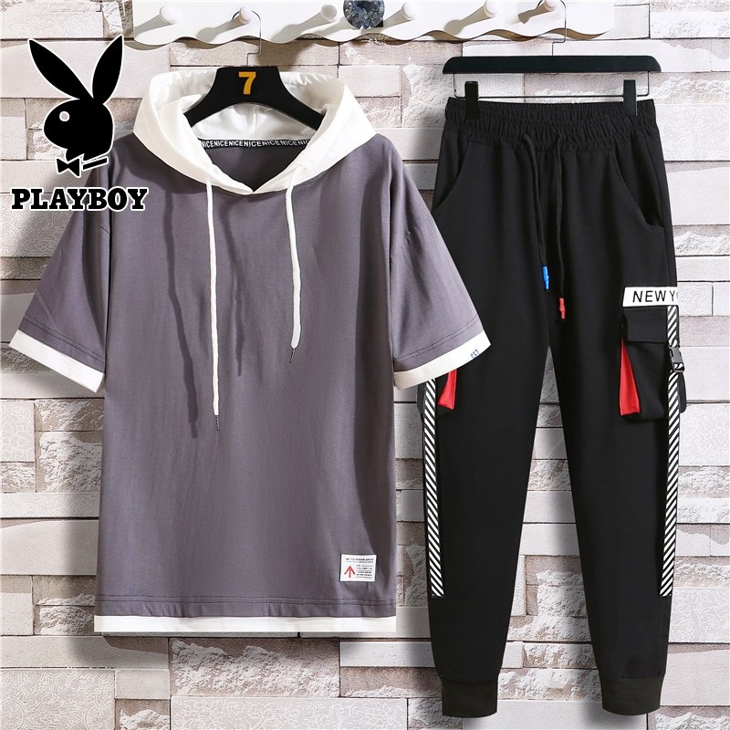 花花公子青少年短袖t恤套装男夏季连帽卫衣男装全身一套搭配帅气