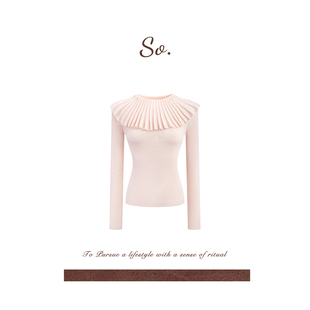 SO 秋冬慵懒风高领显瘦修身波浪压褶荷叶领藕粉色针织上衣