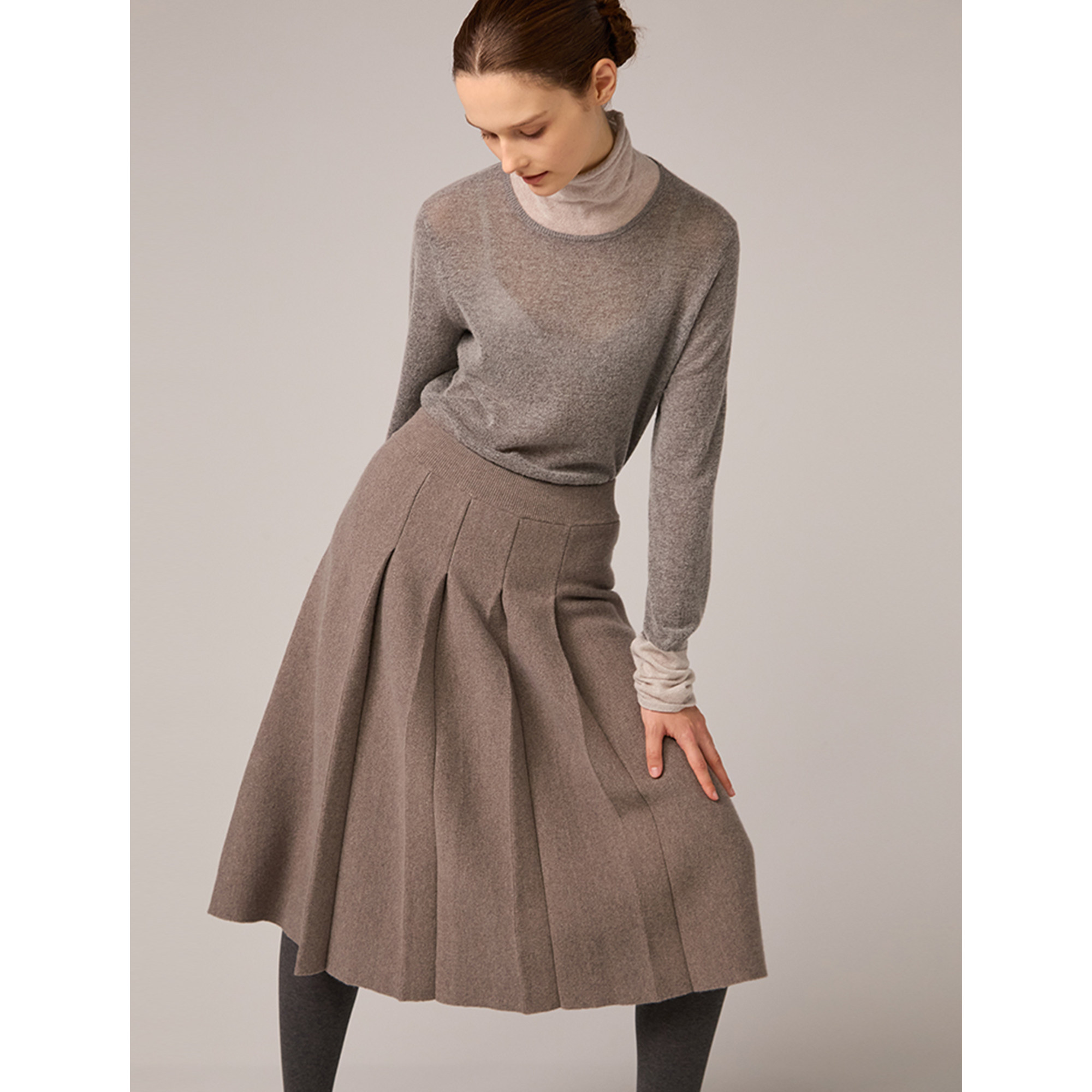 SO 秋冬100%美丽诺羊毛高腰百褶A字伞裙显瘦百搭半身裙