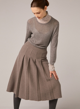SO 秋冬100%美丽诺羊毛高腰百褶A字伞裙显瘦百搭半身裙