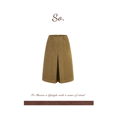 SO 秋冬精致设计感显瘦开叉A字肌理呢感通勤百搭中长款半身裙