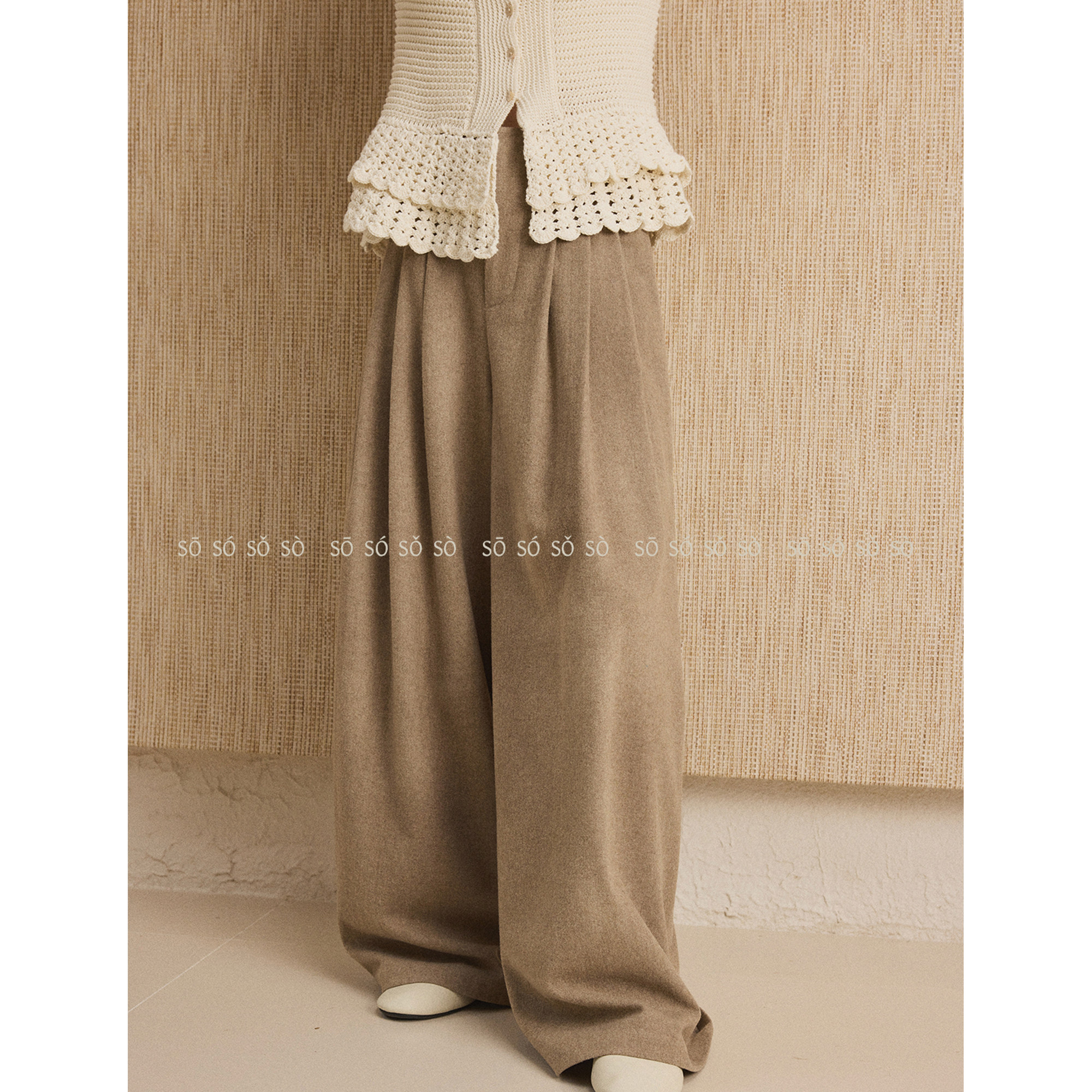 SO 25/FW 【35%羊毛】浅卡其羊毛秋冬利落剪裁中高腰休闲微阔腿裤