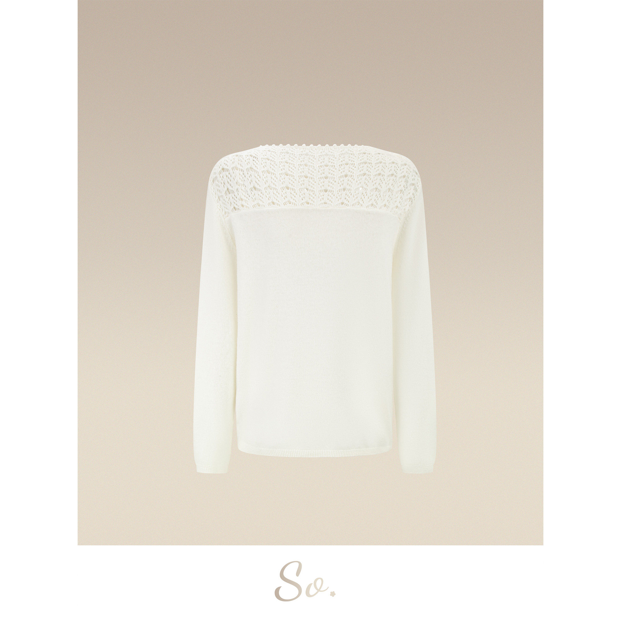 SO 【绵羊毛+山羊绒】秋冬米色烫钻圆领蕾丝钩花镂空针织内针织衫