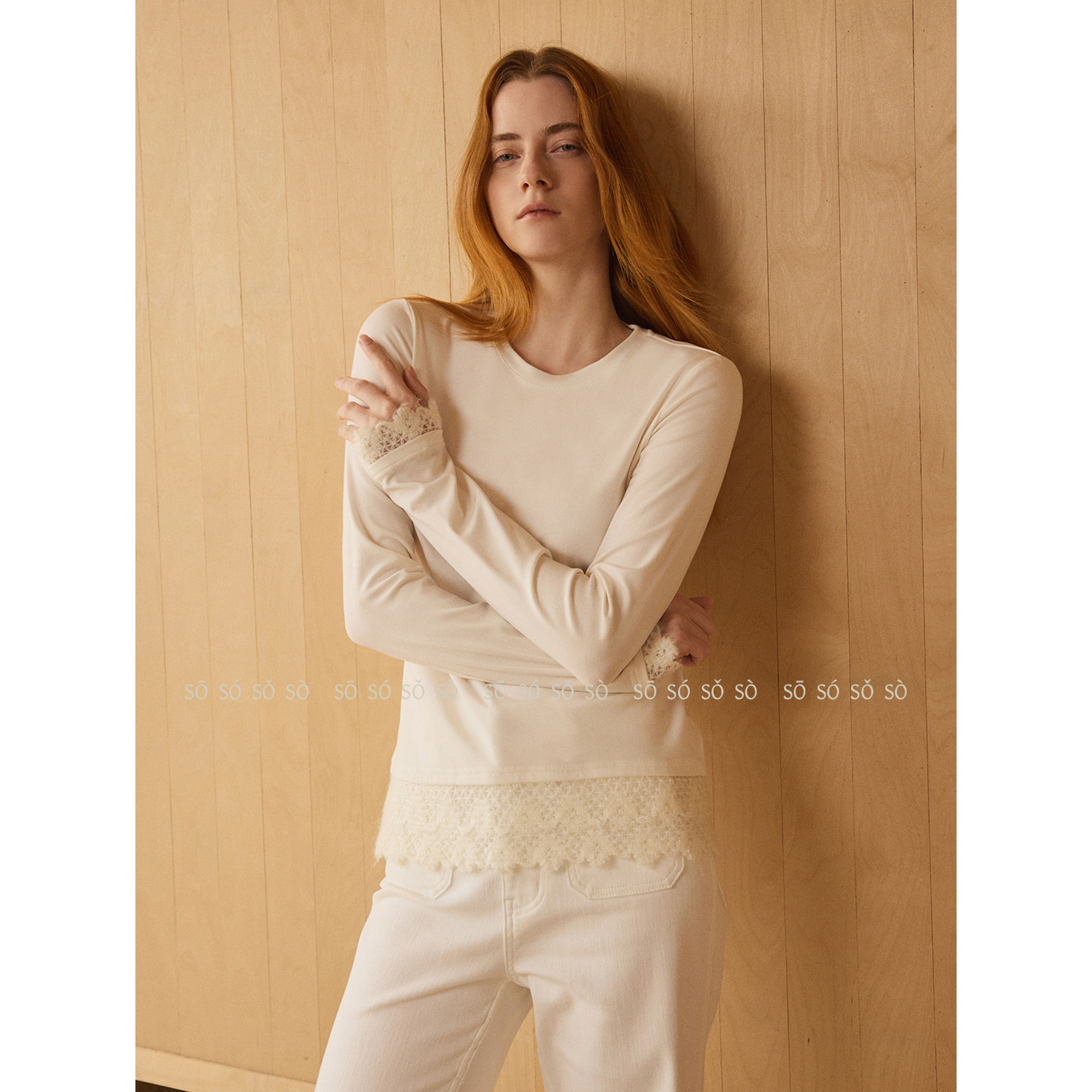 SO【89莱赛尔】25秋冬复古拼接蕾丝显瘦修身长袖T恤圆领打底衫女