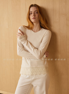 SO【89莱赛尔】25秋冬复古拼接蕾丝显瘦修身长袖T恤圆领打底衫女