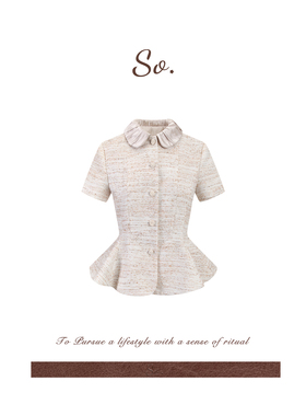 SO 26ss春夏薄款小香混纺醋酸娃娃领荷叶边收腰显瘦短袖衬衫上衣