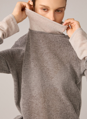 SO 秋冬高比例绵羊毛+意式星云纱双色拼接高领宽松显瘦打底针织衫