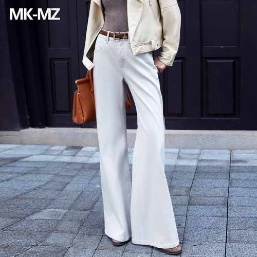 MKMZ重工白色大喇叭牛仔裤女春秋高腰显瘦垂感显高阔腿长裤