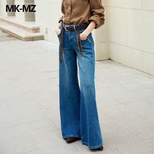 MKMZ重工复古阔腿牛仔裤女蓝色洗水工艺编织皮印花丝巾扣件长裤